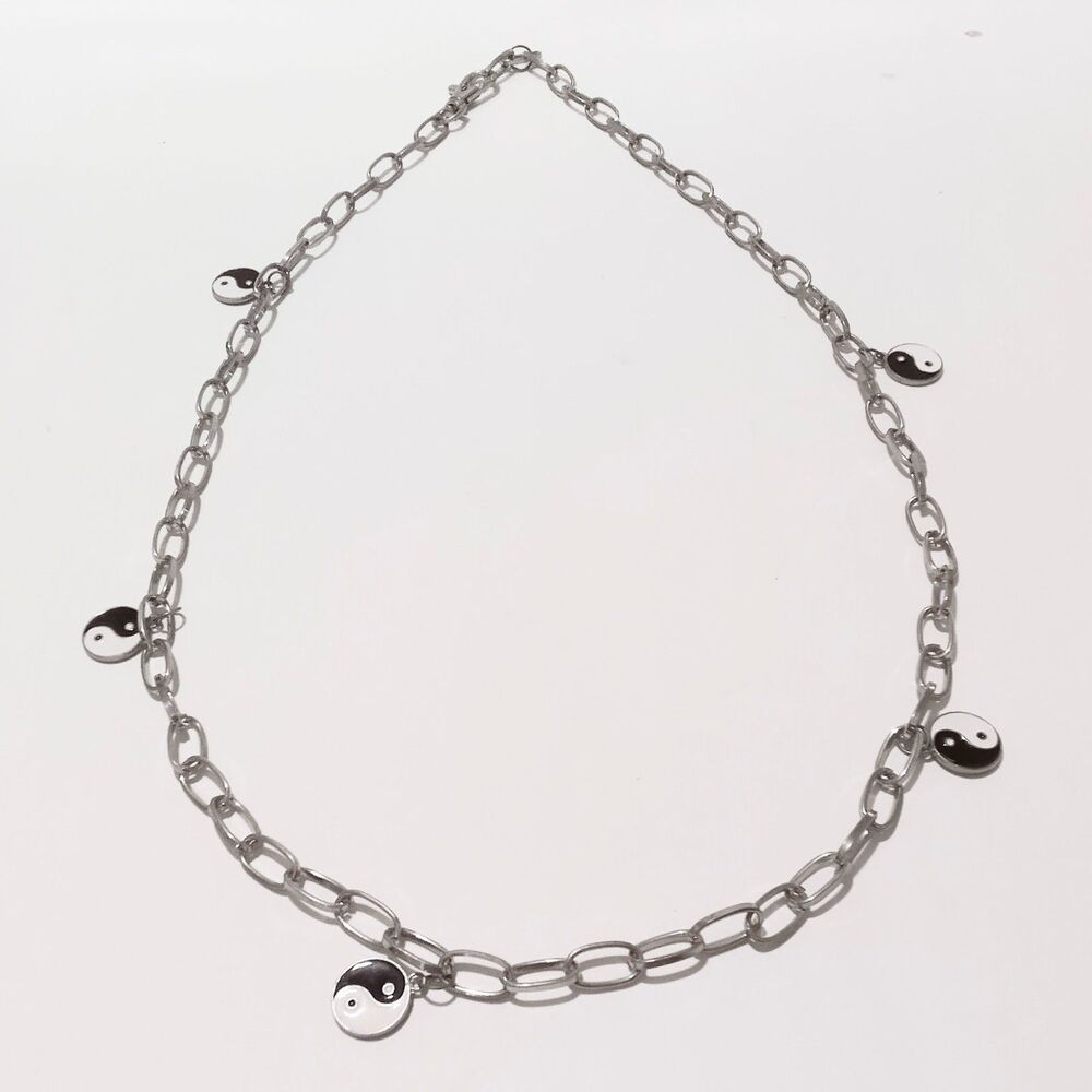Vintage Yin Yang Charm Chain Belt Silver Tone Black White Enamel 36"